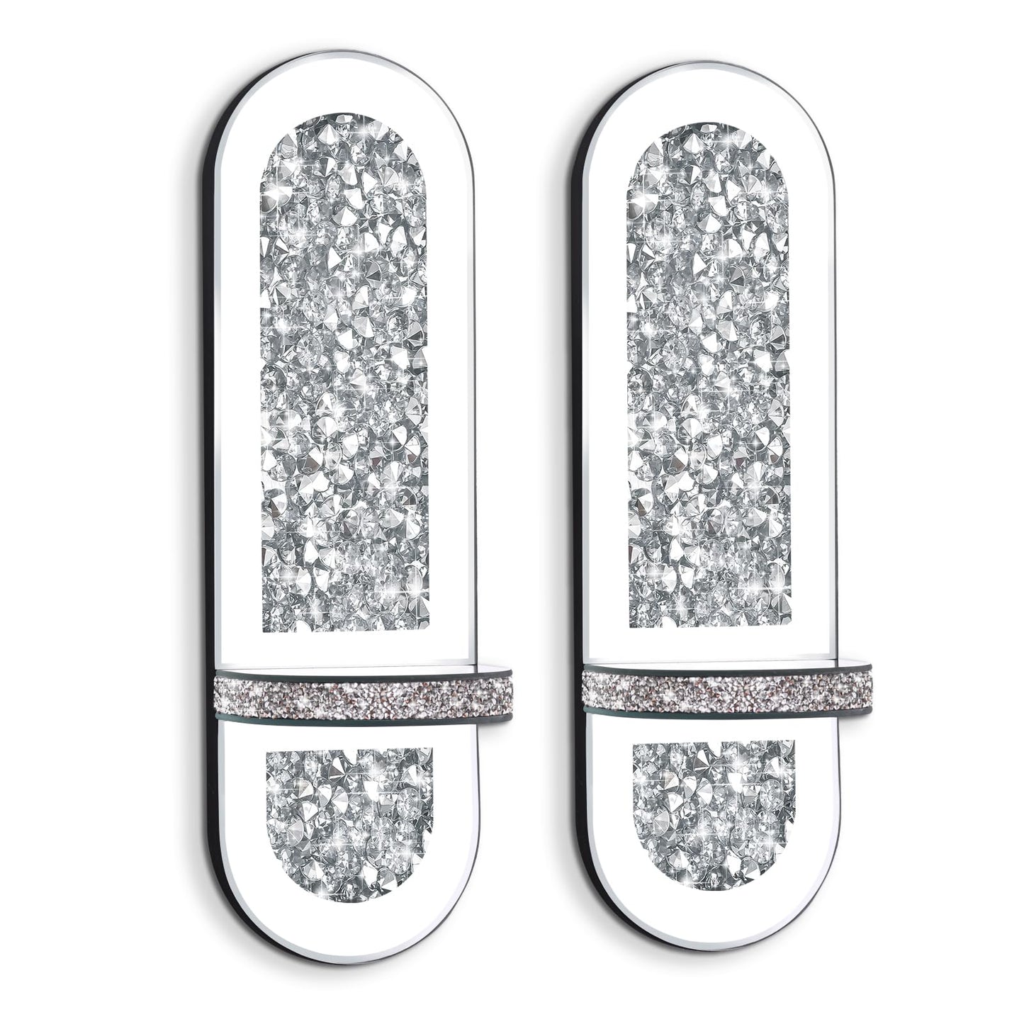 Crystal Crushed Diamond Mirrored Candle Sconces Set of 2, Glam Silver Wall Candle Holders for Living Room Bedroom Hallway Decor Large Wall Mounted Mirror Candle Holder with Sparkly Crystal Shelf