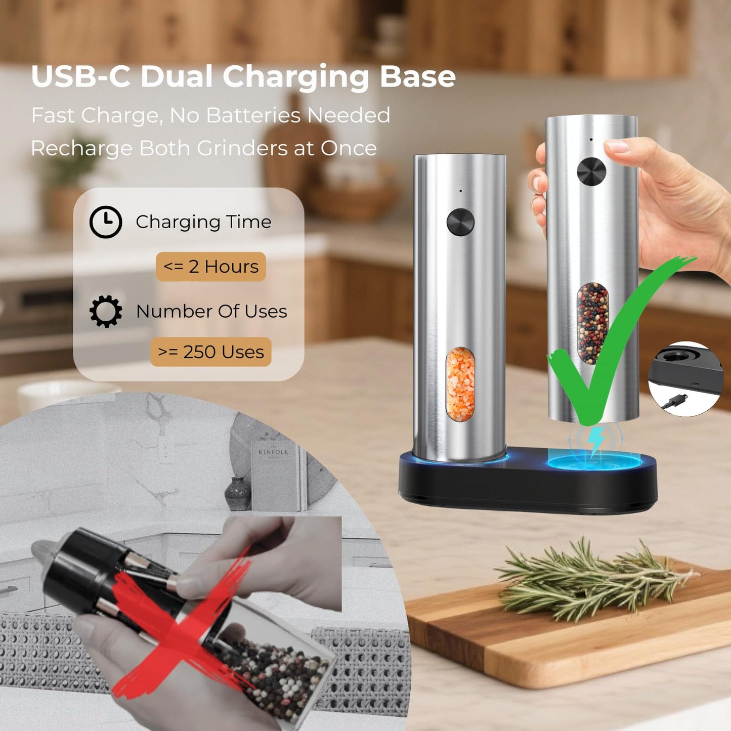 Electric Salt And Pepper Grinder Set, Rechargeable Dual Charging Base, Automatic Refillable Pepper Mills, with 110ml Large Capacity, Adjustable Coarseness & LED Light, Ideal for Kitchen, Outdoor & BBQ