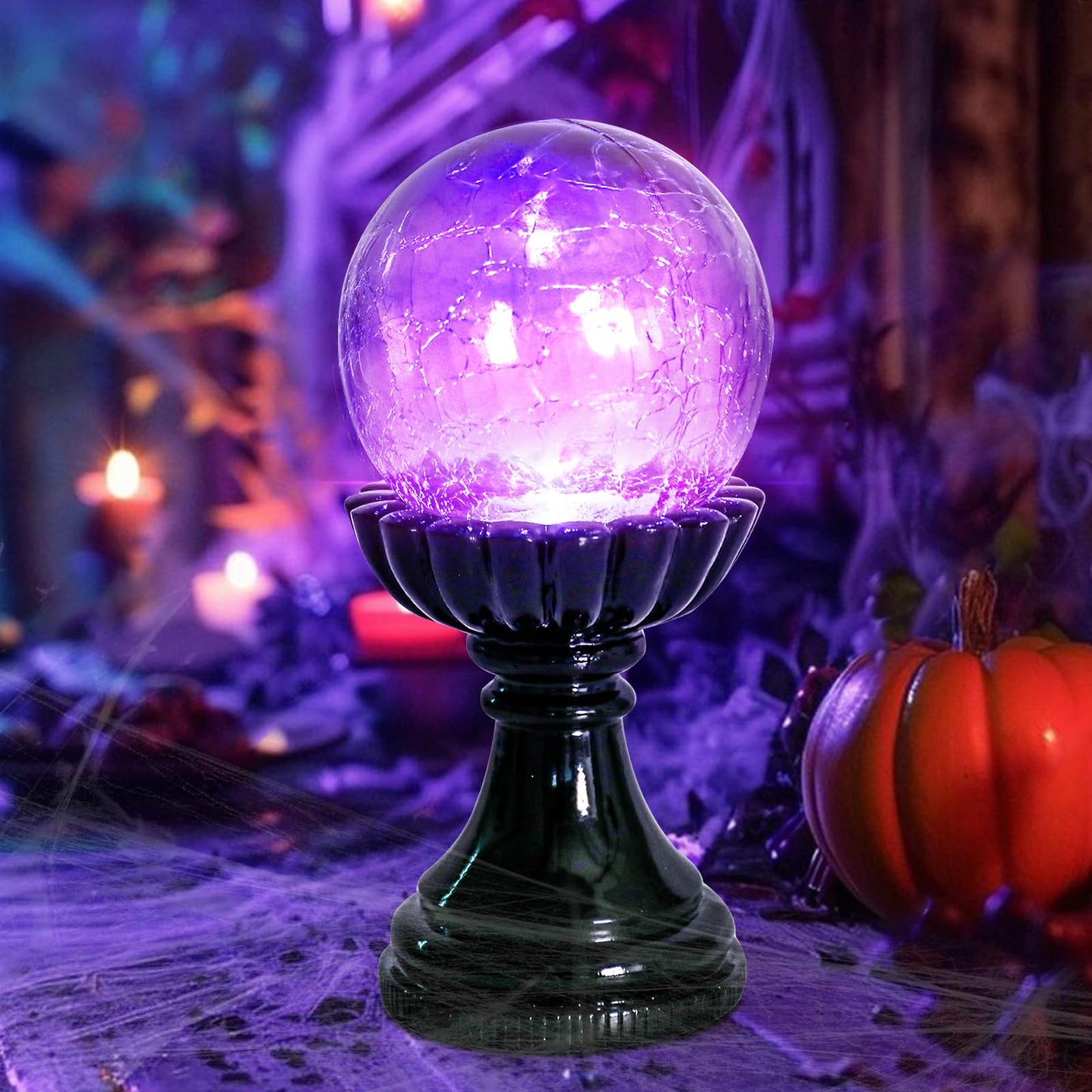 MUMTOP Halloween Indoor Decorations, Purple Glass Crackle Globe with LED Light Halloween Magic Ball Figurine Resin Statue for Home Kitchen Room Party Table Decor