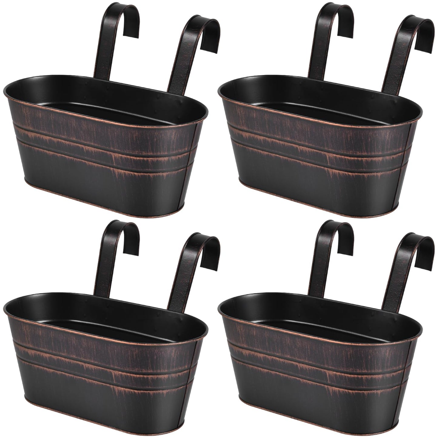 OBTANIM 4 Pack Metal Hanging Flower Pots Iron Railing Planter Outdoor Fence Hanging Pots Bucket Plant Holder with Detachable Hooks Drain Holes for Home Garden Yard Decor (Black)