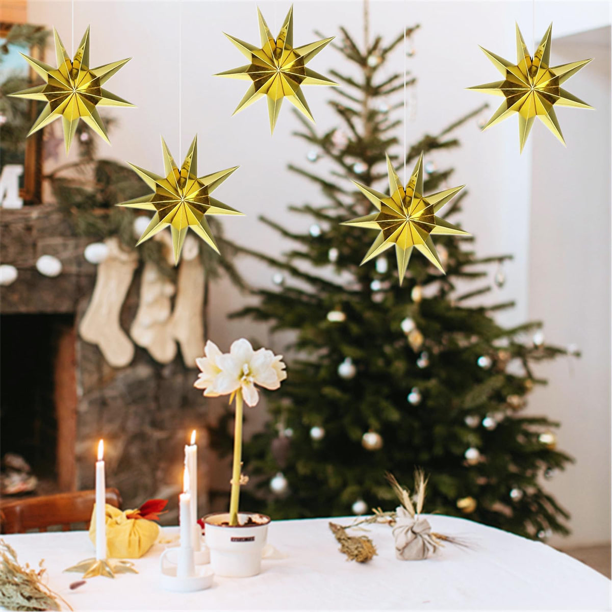 5Pcs Gold Christmas Paper Star,12 Inch Large 9 Pointed Hanging Star Lantern for Xmas Tree,Fireplace,Porch,Birthday Party,Home Decor