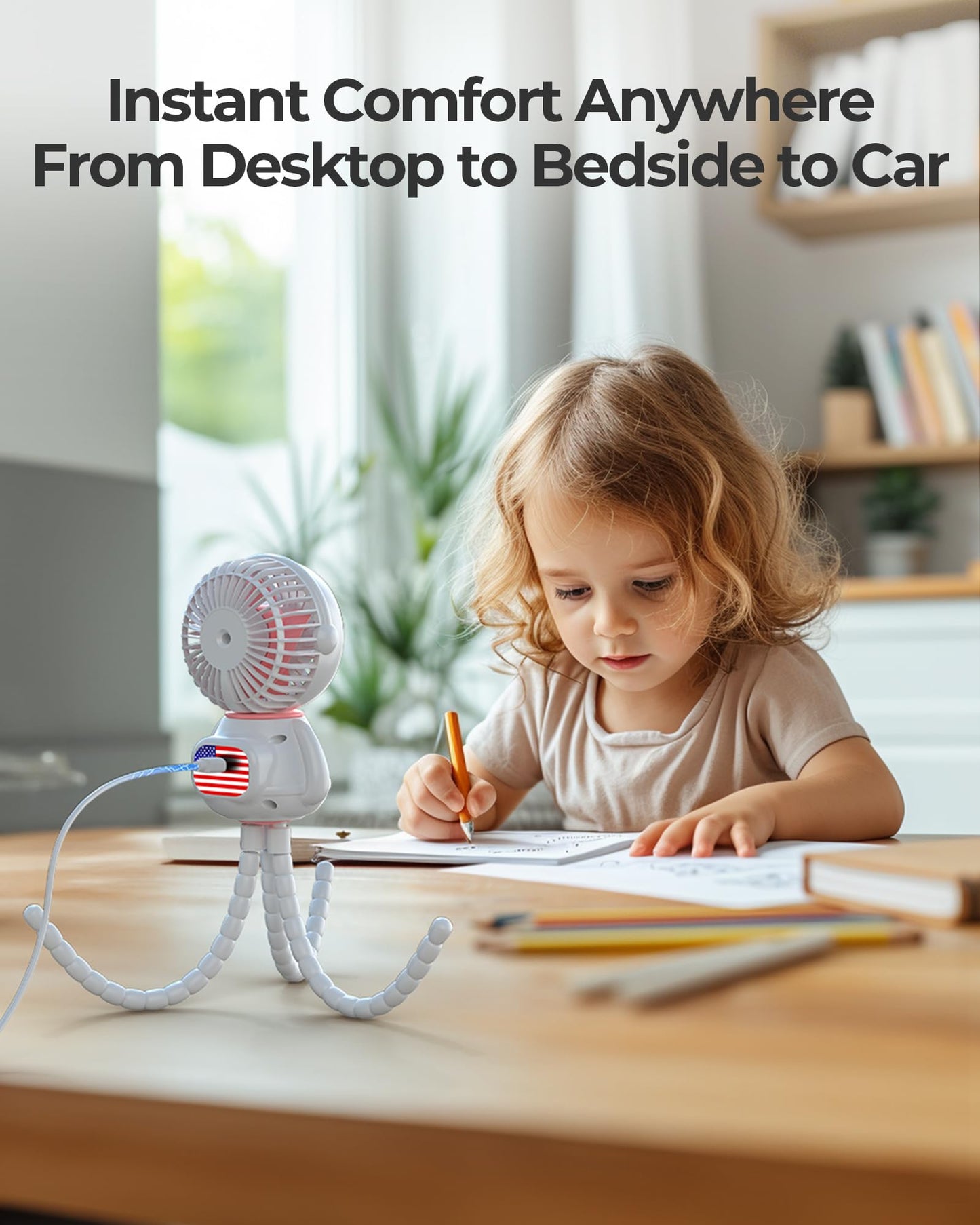 SLENPET Astronaut Portable Stroller Fan, Baby-Safe Clip-on with Detachable Flexible Tripod, Rechargeable Battery-Operated, 3-Speeds, 270° Rotation - Ideal for Car Seats, Cribs, Treadmills, Travel