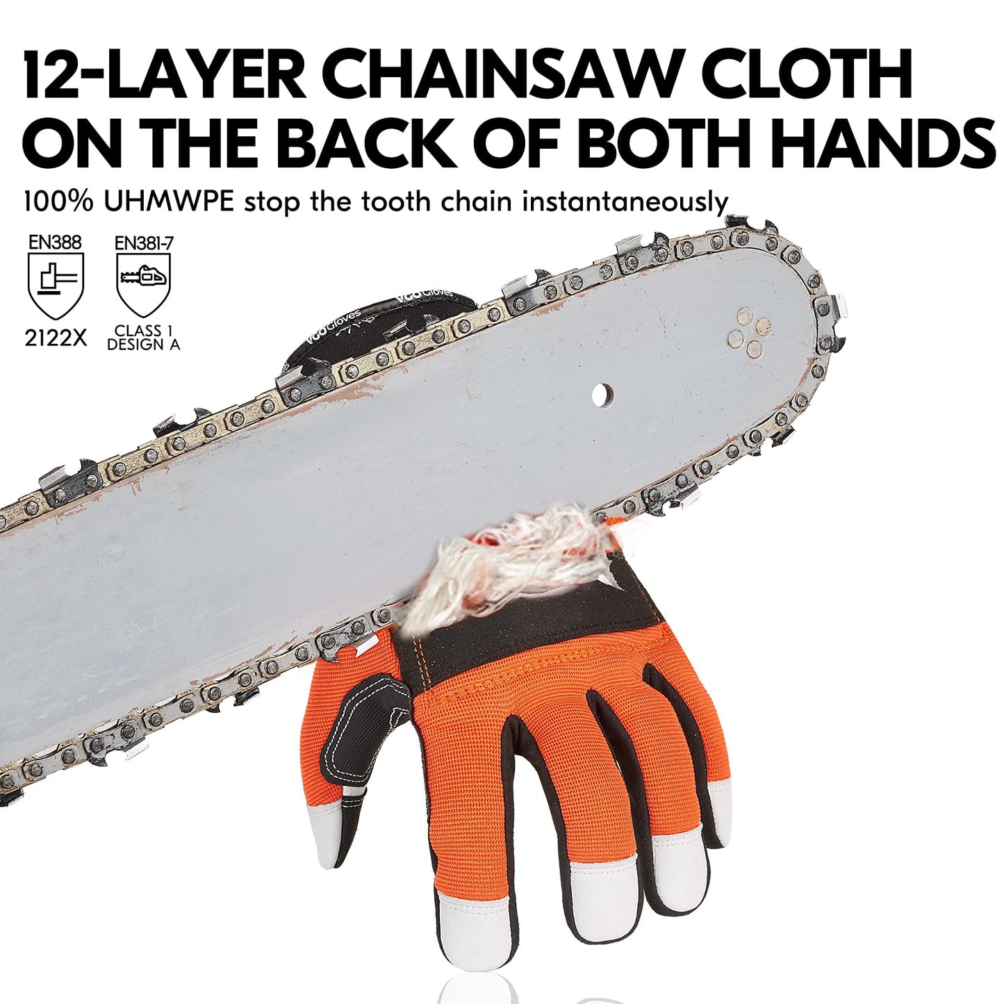 Vgo... Chainsaw Gloves 12-Layer Protection on Both Hands, Safety Goat Leather Foresty Work Gloves with Touchscreen(M,Orange,1 pair)