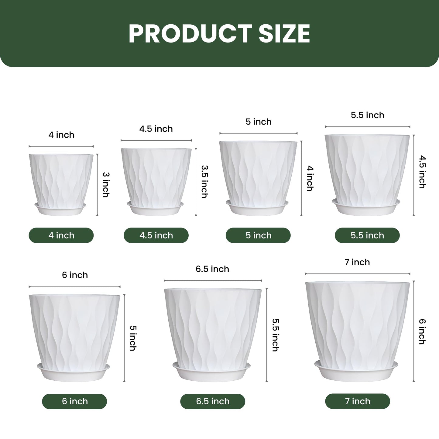 LESOASIS Flower Pots, 7/6.5/6/5.5/5/4.5/4 inch Plastic Plant Pots, 7 Pack Planter for Indoor Outdoor Plants, Nursery Planting Pot with Drainage Holes and Trays (White)