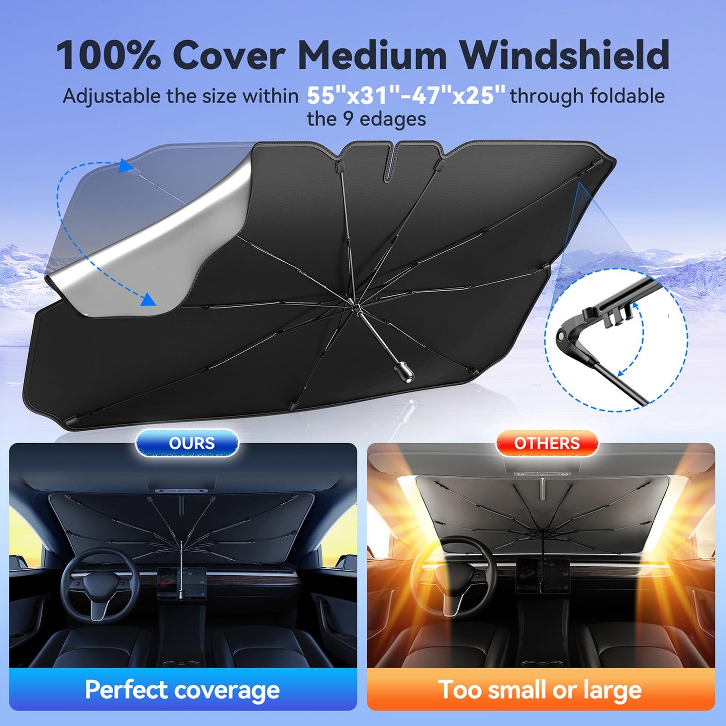 TECKNET Car Windshield Sun Shade Umbrella, Foldable Windshield Sun Shade for Car Block UV Rays and Heat, Adjustable Size (55"x31",47"x25")