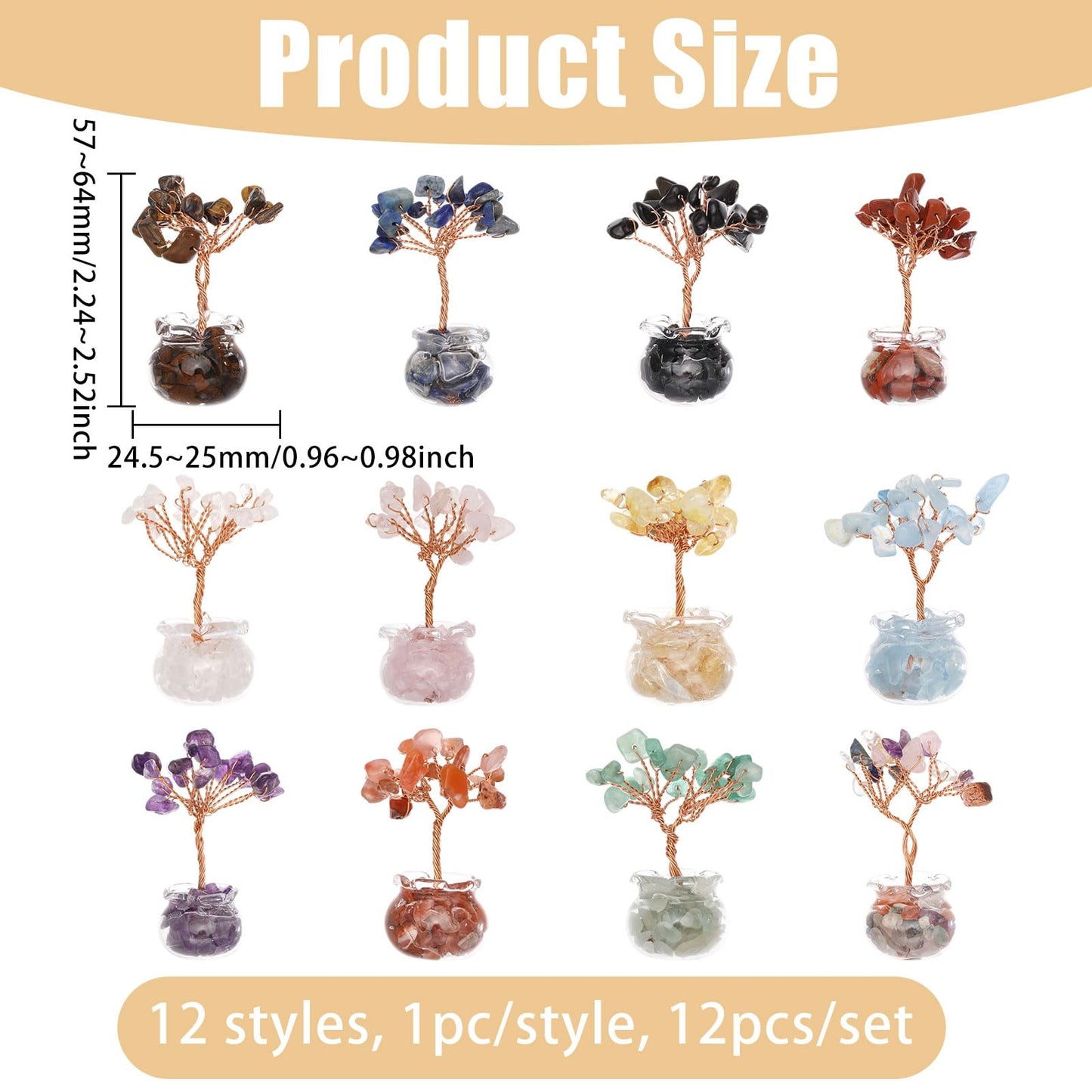 GLOBLELAND 12 Pcs Crystal Tree Set Tree of Life with Gemstones Crystals and Stones for Office Desk Home Shelf Decoration for Positive Good Luck Birthday Gifts for Mom Love Ones