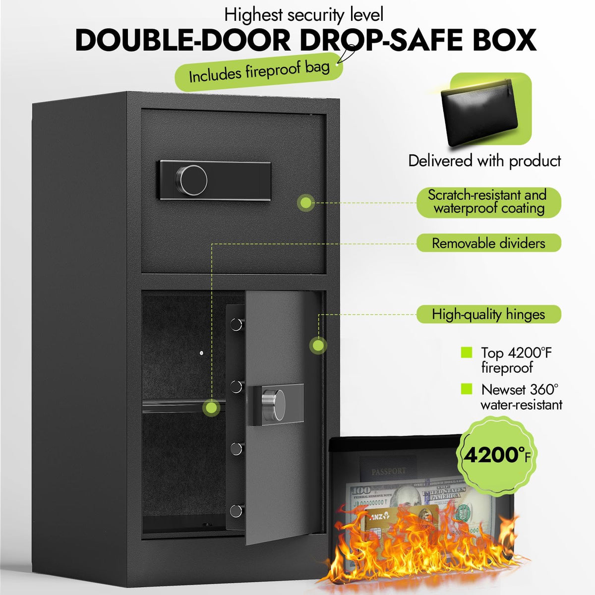 8.6 CuFt Safe Box, Large Safe for Home Office, Heavy Duty Safe with Digital Lock & Keypad, Document Safe with Hidden Compartment, Adjustable Shelf, Anti-Theft Alarm, Fireproof and Waterproof Bag
