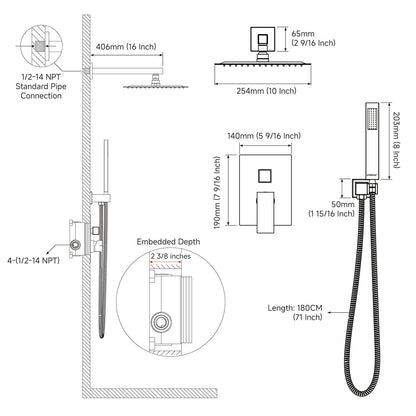 Black Shower System Sets Faucet: EMBATHER 10 Inch Overhead Rainhead Shower Combo Set with Handheld and Valve-Luxury Rain Mixer Rainfall Black Shower Faucets Sets Complete