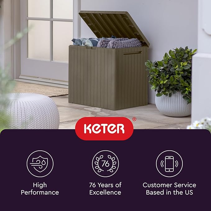 Keter City 30 Gallon Resin Outdoor Storage Box & Patio Side Table for Balcony, Pool, Deck & Garden Accessories, Weather‑Resistant, Mossy Brown