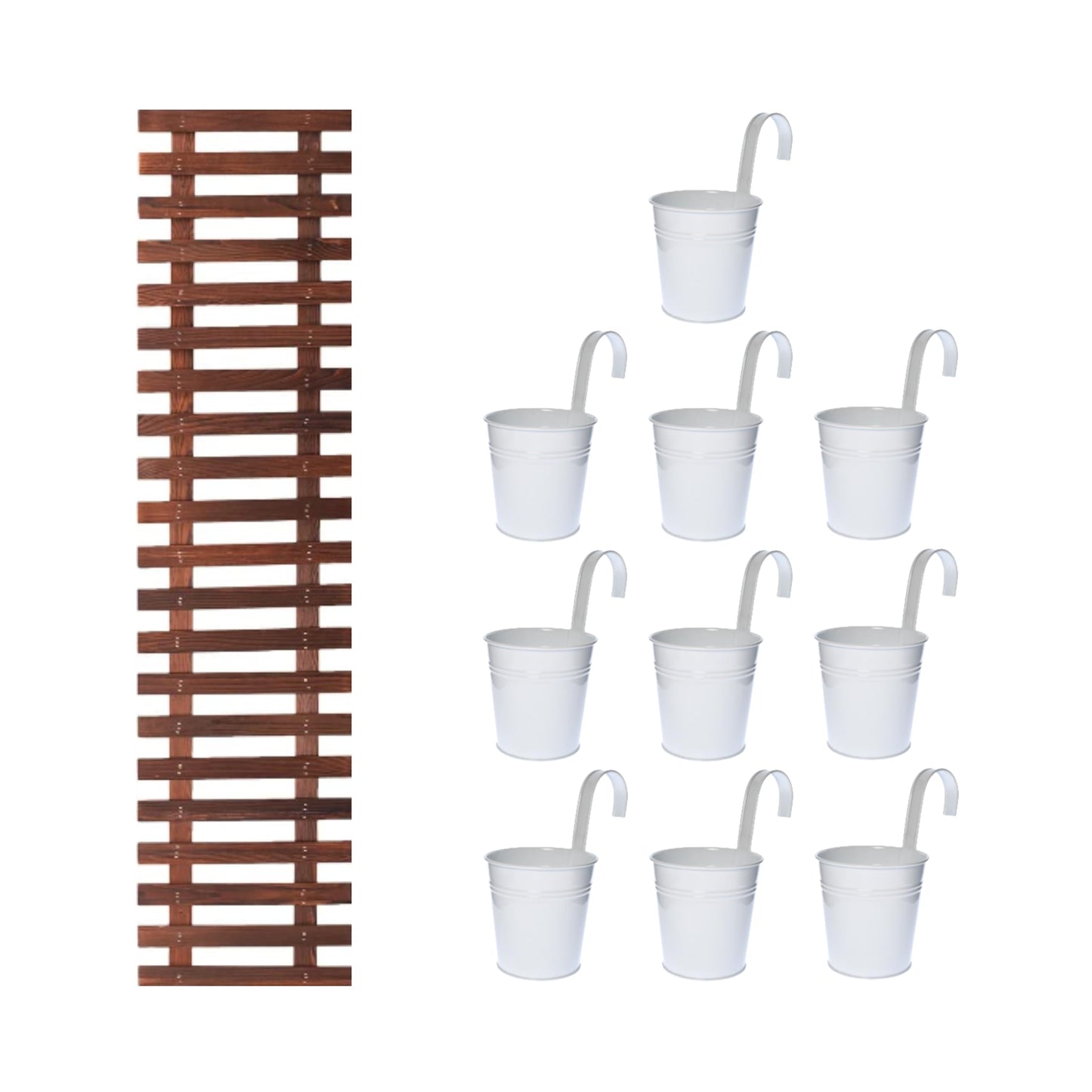 ShopLaLa Bundle - 6" Pot + Wooden Plant Holder, White Large Metal Flower Pot, Vertica Hanging Planters for Indoor Plants, Wall Mounted Plant Stand Ladder Outdoor Display Garden, Wooden Trellis Plants