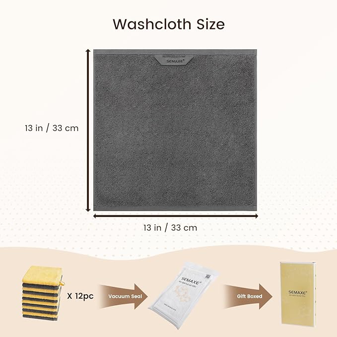 SEMAXE 100% Cotton Washcloths 12-Pack, 13 × 13 Inch Soft Luxury Face Towels –