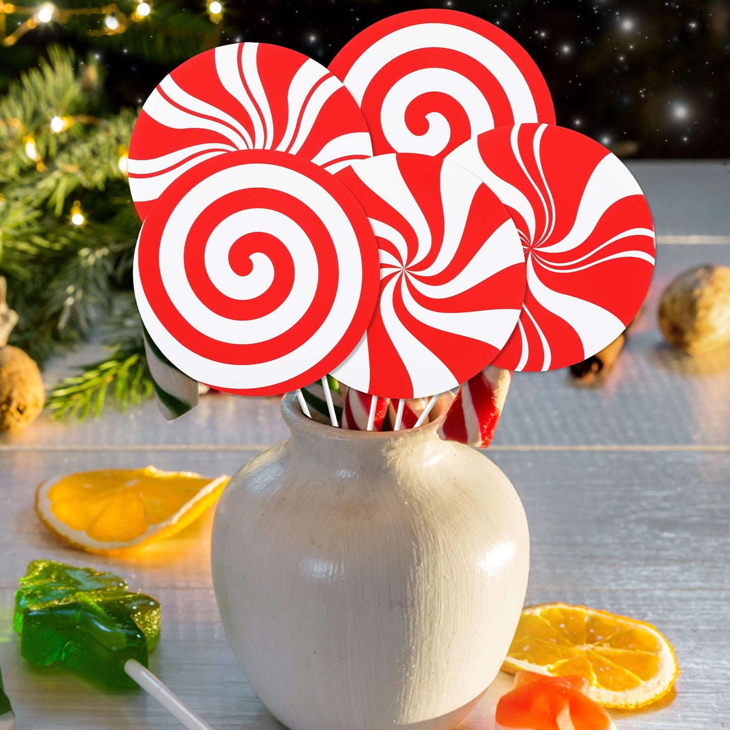 12Pcs Large Peppermint Lollipop Candy Cane Christmas Tree Picks Red and White Candy Shaped Xmas Tree Toppers Ornaments Decorations for Wreath Vase Home Office Holiday Party Supplies