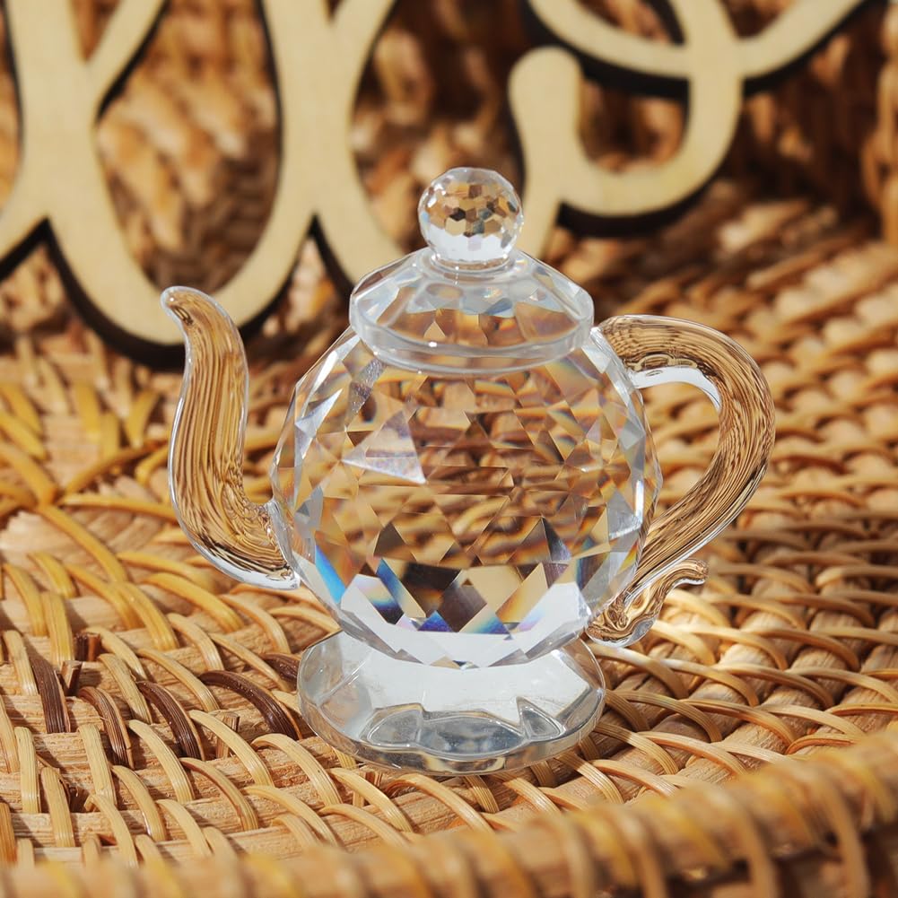 GORGECRAFT 2Pcs Crystal Teapot Figurine Clear Glass Faceted Chinese Tea Pot Display Tabletop Ornament Statue Mini Sculptures for Home Office Dining Table Centerpiece Decorations
