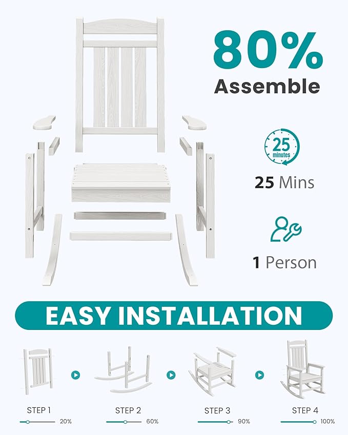 SERWALL Outdoor Rocking Chairs Set of 4, Oversized HDPE Porch Rockers for Adults, All-Weather Composite Patio Rocking Chairs, White