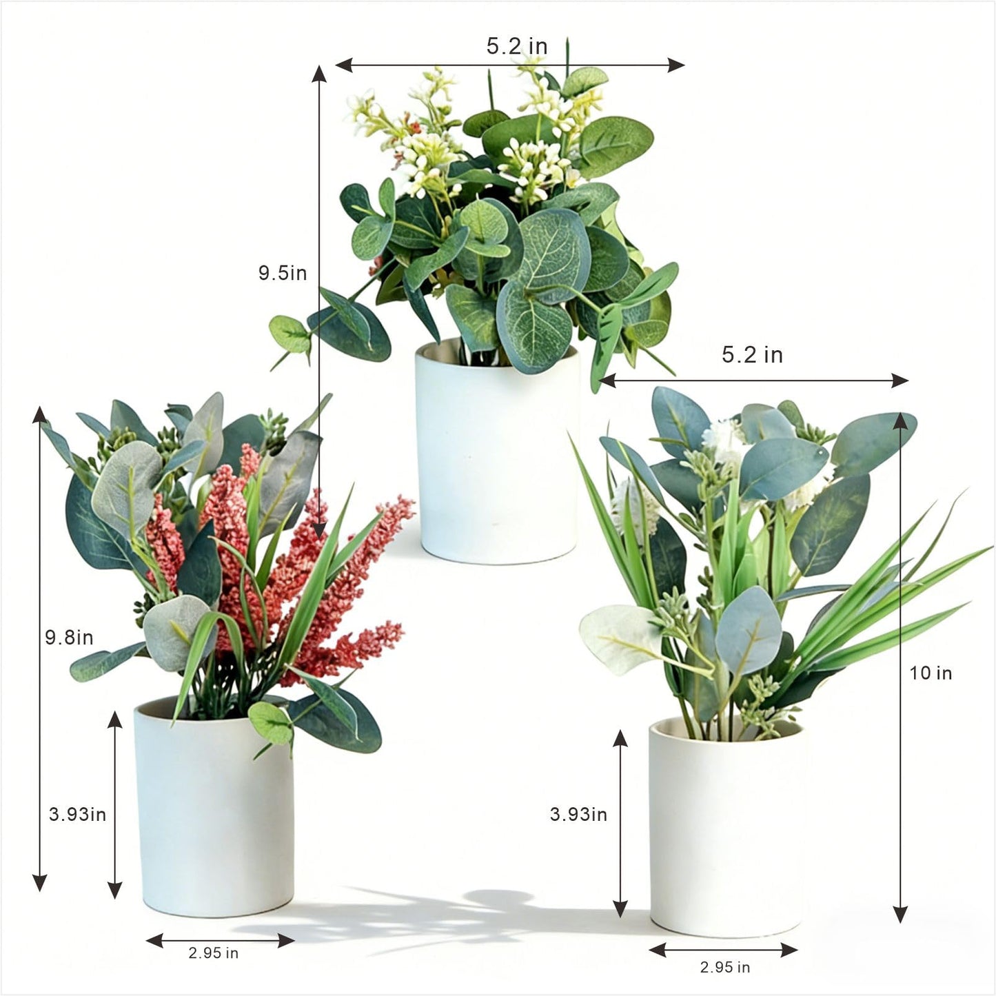 VINSUNI Artificial Plants with White Ceramic Vase, Eucalyptus Leaves and Pink Berry Stems, 3-Pack Fake Flowers for Bathroom Coffee Table Centerpieces