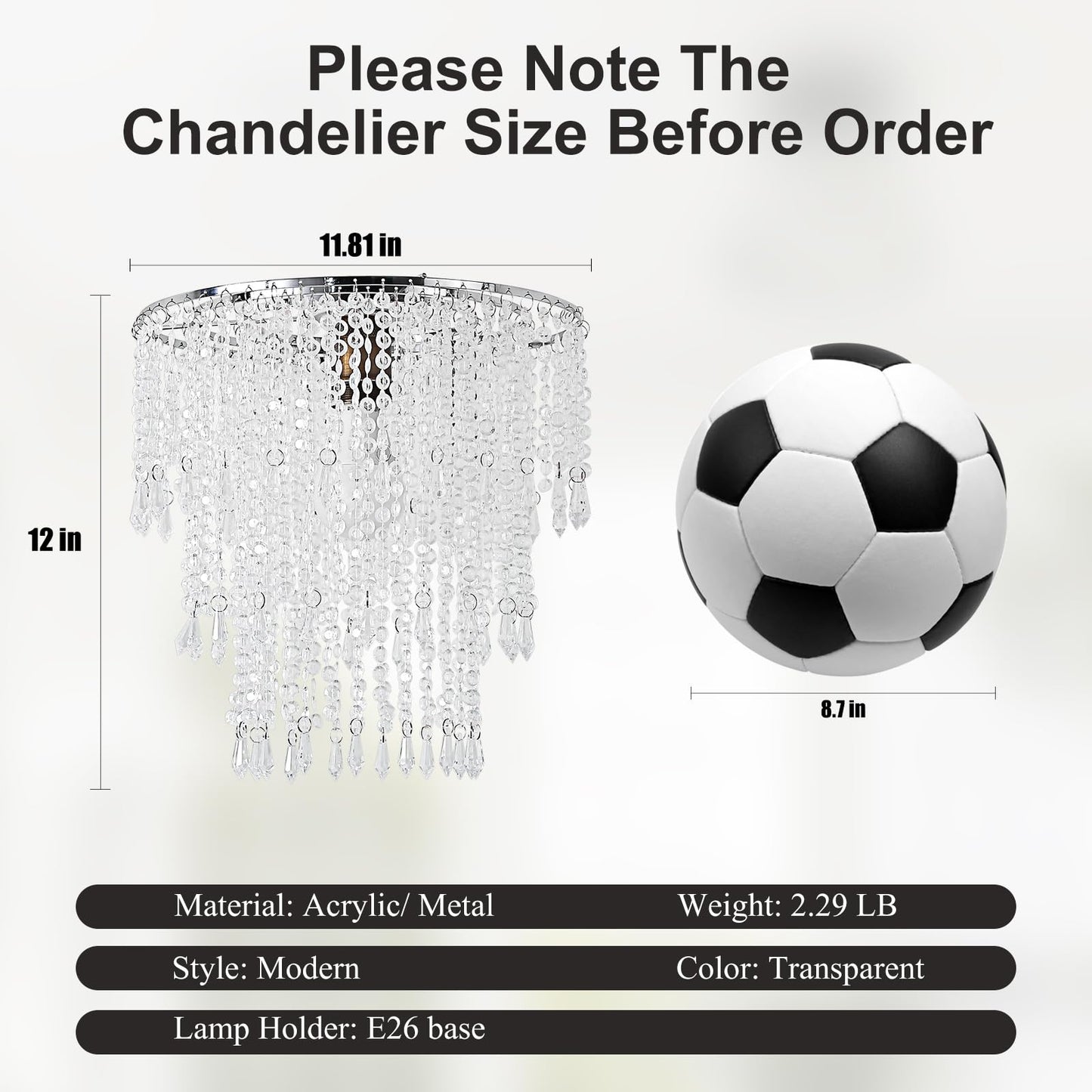 SEEYUAN Acrylic Chandelier Shade Modern Ceiling Light Shade Beaded Pendant Lampshade with Acrylic Beads and Chrome Frame Diameter 11.81 inches