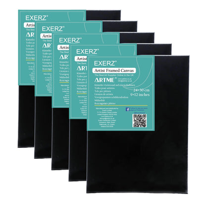 Exerz 24x30cm Black Stretched Canvas 5pk - Framed 1.7cm Pre-Stretched Artist Canvas - 280GSM 100% Cotton Triple Primed/Acid Free/Medium Grain - Acrylic & Oil Paint