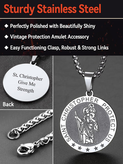 FaithHeart St Christopher Necklace for Men Protective Jewellery Childrens Saint Christopher Pendant with Sturdy Chain Stainless Steel Catholic Necklaces Womens Gifts for Birthday