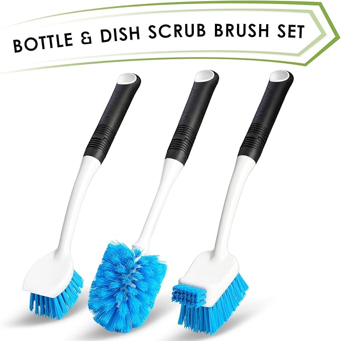 Dish Brush Set of 3 with Water Bottle Brush, Dish Scrub Brush and Scrubber Brush