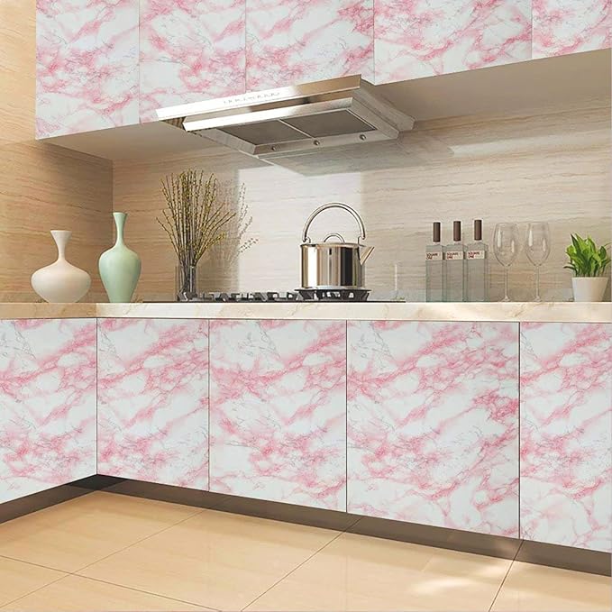 practicalWs 23.6in ×118in White Pink Marble Wallpaper Peel and Stick