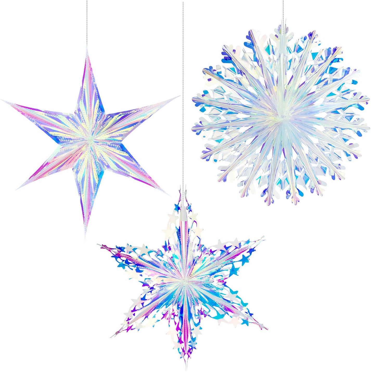 Vomika 3Pcs Iridescent Snowflakes Hexagram Stars Hanging Ornaments