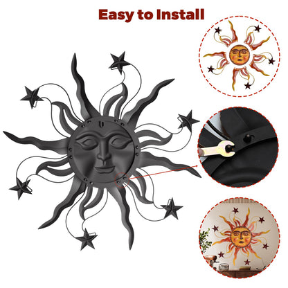 VESTCDF Metal Wall Art Decor Outdoor 30 inch Sun Wall Hanging Decoration for Graden 3D Sun Face Metal Wall for Living Room Garden Yard Patio(Star)