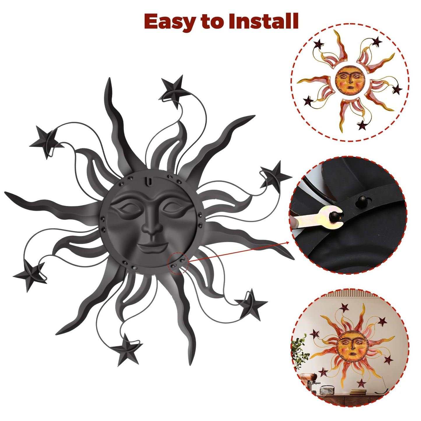 VESTCDF Metal Wall Art Decor Outdoor 30 inch Sun Wall Hanging Decoration for Graden 3D Sun Face Metal Wall for Living Room Garden Yard Patio(Star)