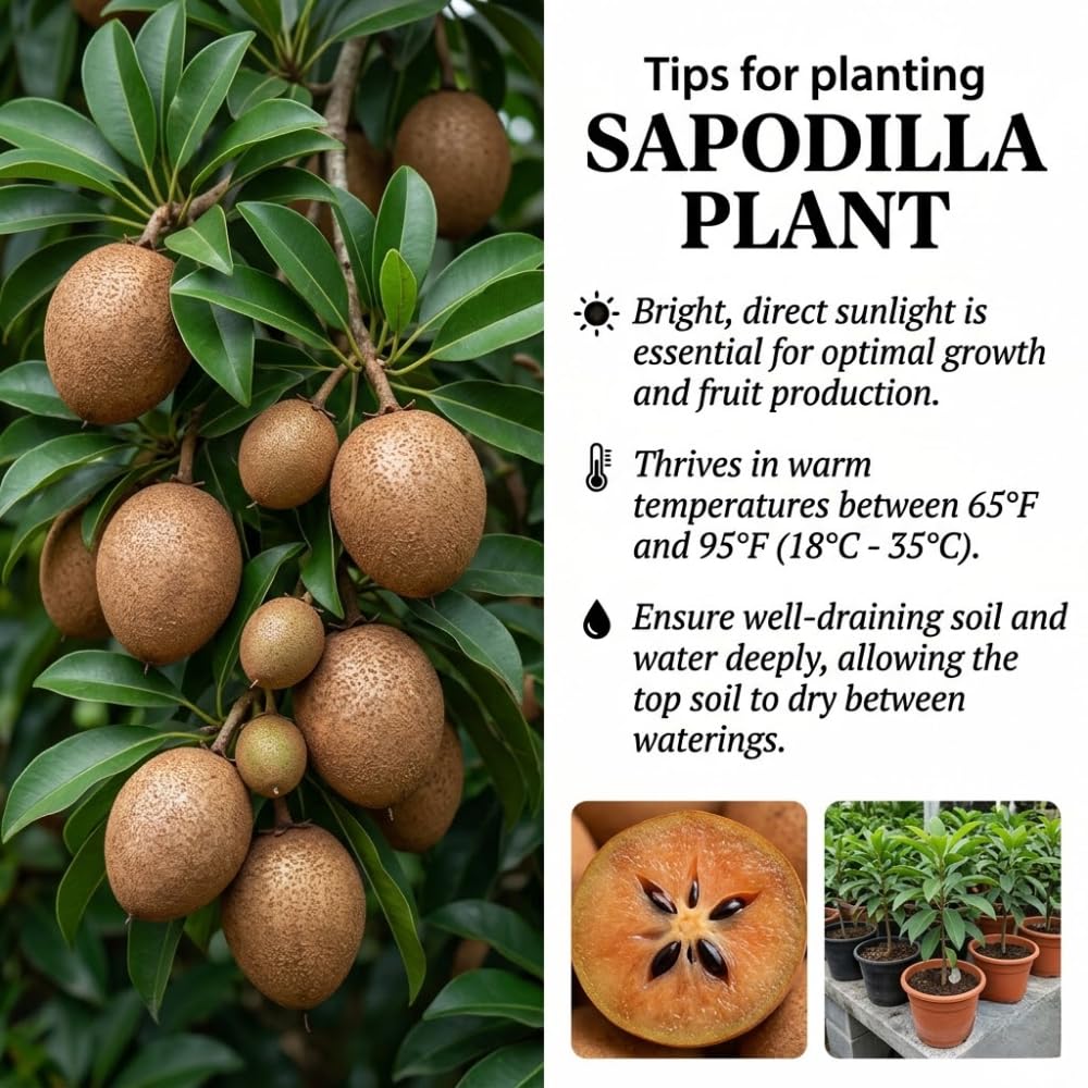 Sapodilla Tree Live 2 to 3 Feet Tall, Sapote Fruit Tree Plant for Growing, 3 Gallon Pot, No Ship to CA