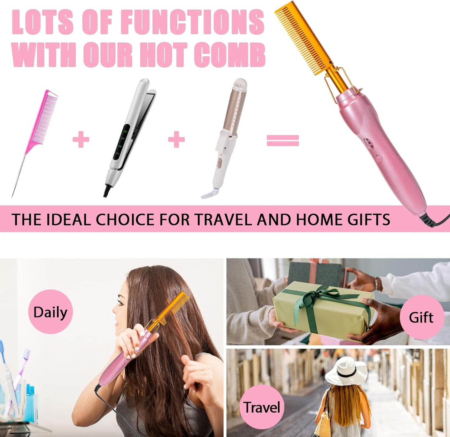 Electric Hot Comb Hair Straightener Heat Pressing Combs Ceramic Curling Flat Iron Curler, Hot Comb Electric for Wigs Electrical Straightening Comb Curling Iron for Natural Hair with Anti-Scald Case