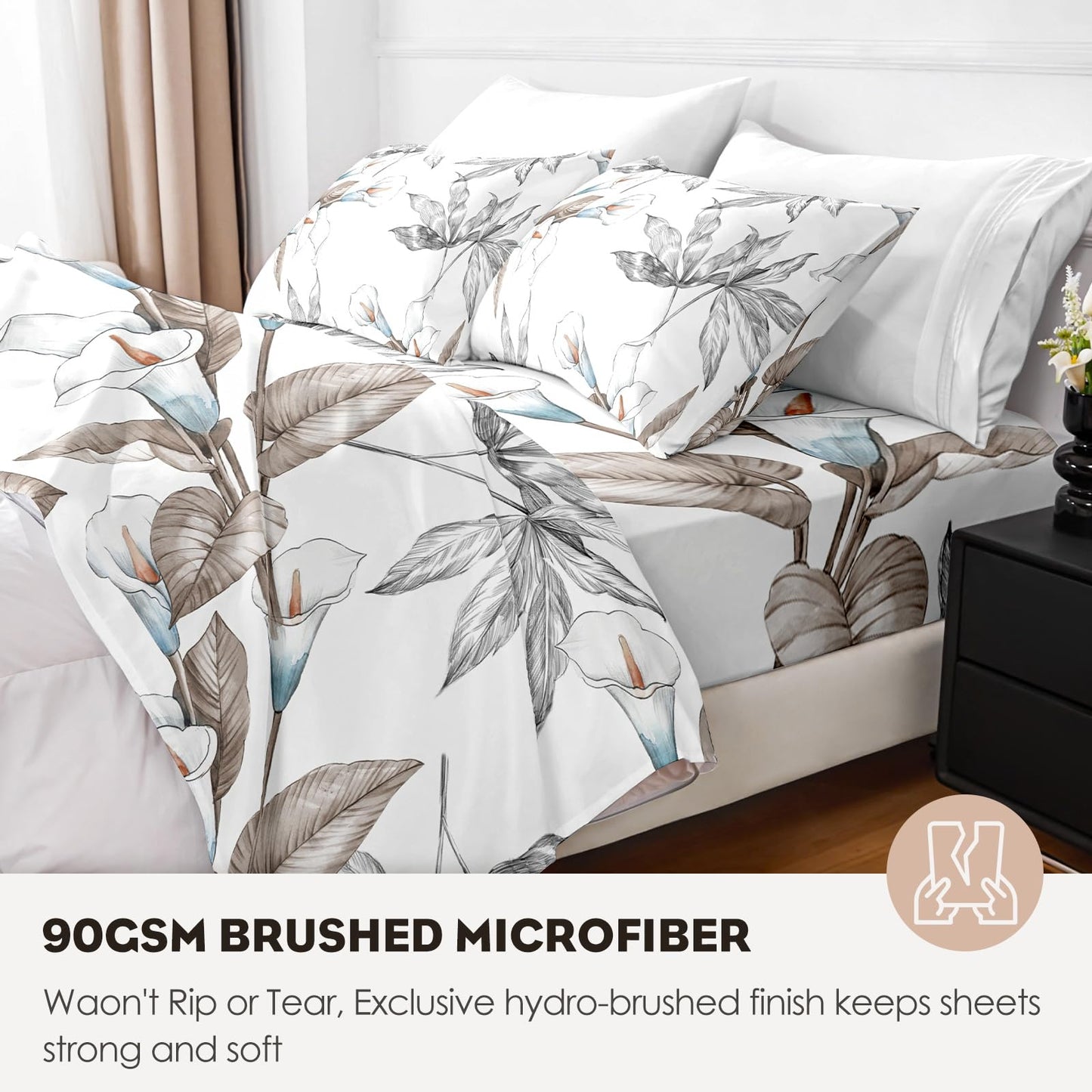 HCORA Floral King Size Sheets Set, Luxury 1800TC Hotel Quality Double Brushed Microfiber Deep Pocket Bed Sheets, Ultra Soft, Breathable and Cooling, 4PC, King