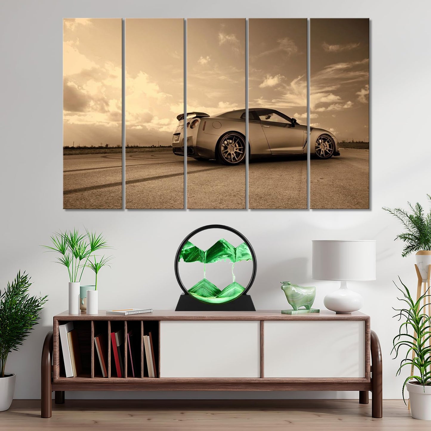 GEKETY 3D Quicksand Painting Decor - Moving Sand Art Picture - Round Glass Deep Sea Sandscape - Relaxing Home Decoration Desk Figurine for Office, Home, Desk, Mantle, Bookshelf - Light Green, 12 in