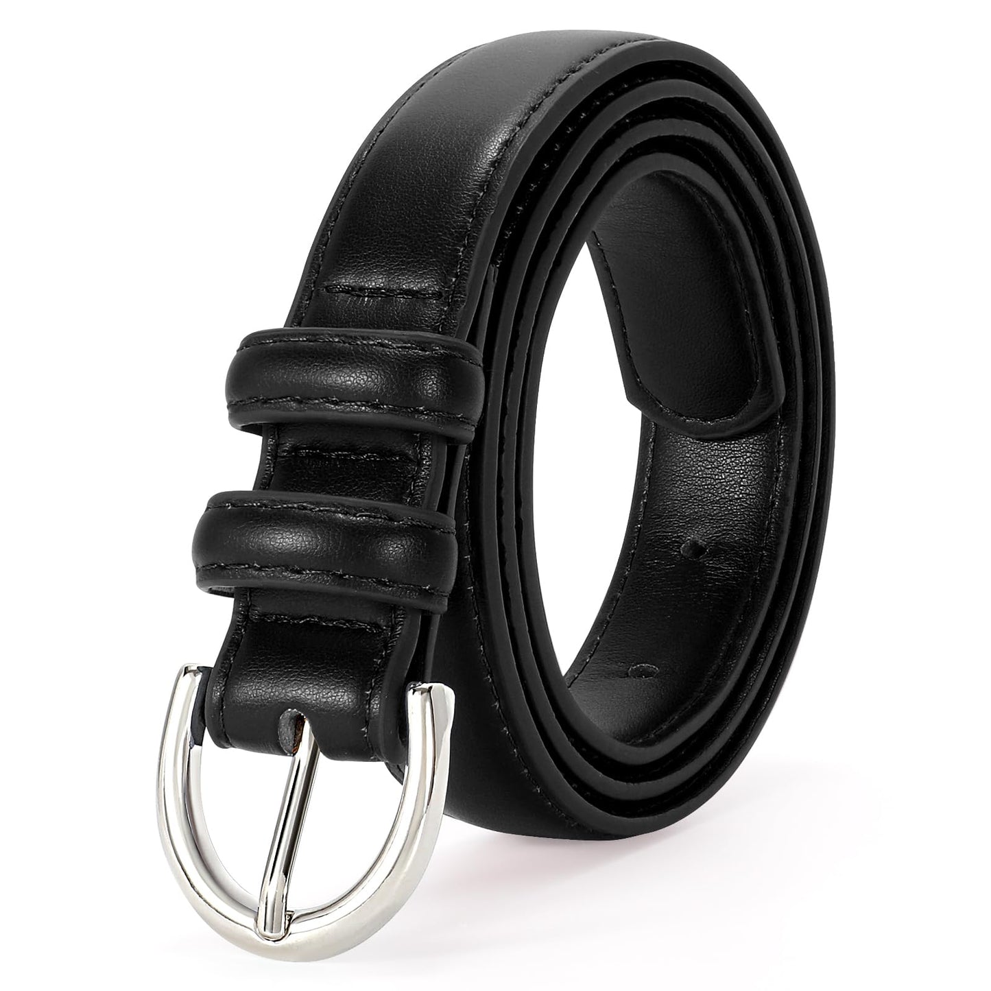 SANSTHS Women Leather Belt for Jeans Pants Fashion Ladies Skinny Belt for Dresses Thin Belt with Single Prong Buckle,Black,L