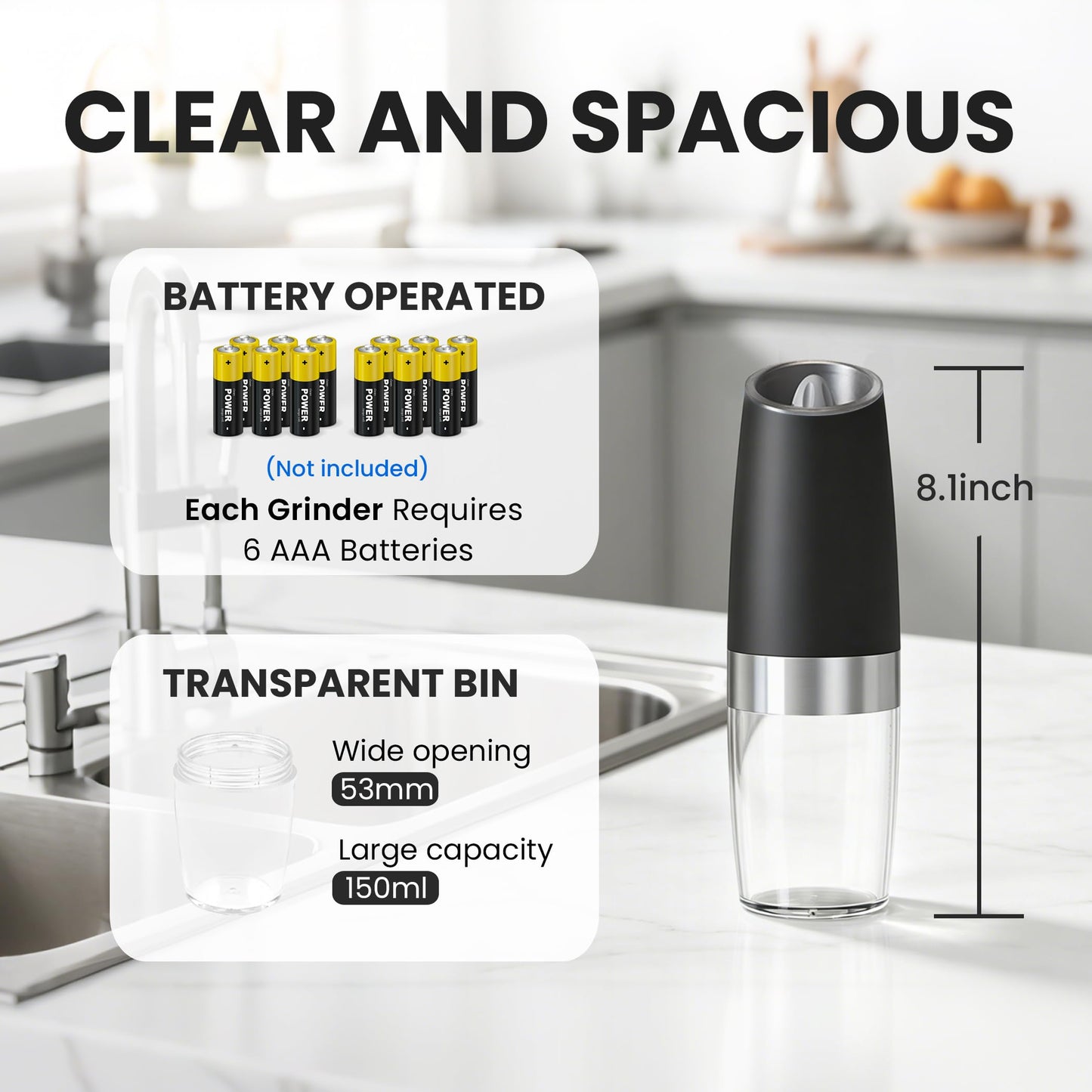 UNNEES Battery Operated Gravity Electric Salt and Pepper Grinder Set, Automatic Salt and Pepper Grinder Set, Adjustable Roughness,12 Batteries Required, LED Light, 2 Pack, (Black)