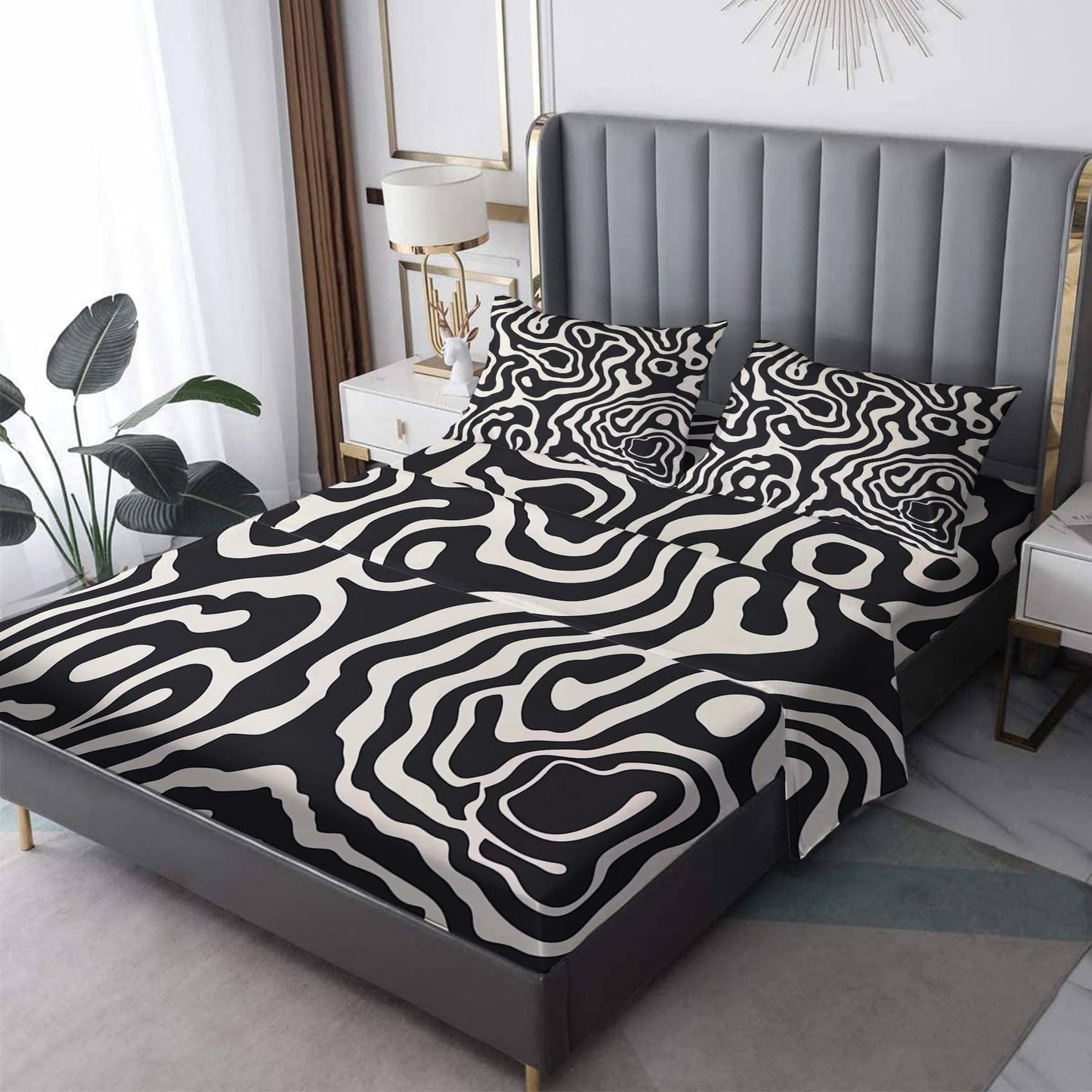 Abstract Sheets Full Size, Black and White Bed Sheets, Patterned Bedding Sheets & Pillowcases 4 Piece Set - Soft Microfiber Deep Pocket Fitted Sheet & Flat Sheet & 2 Pillow Cases M&-A278