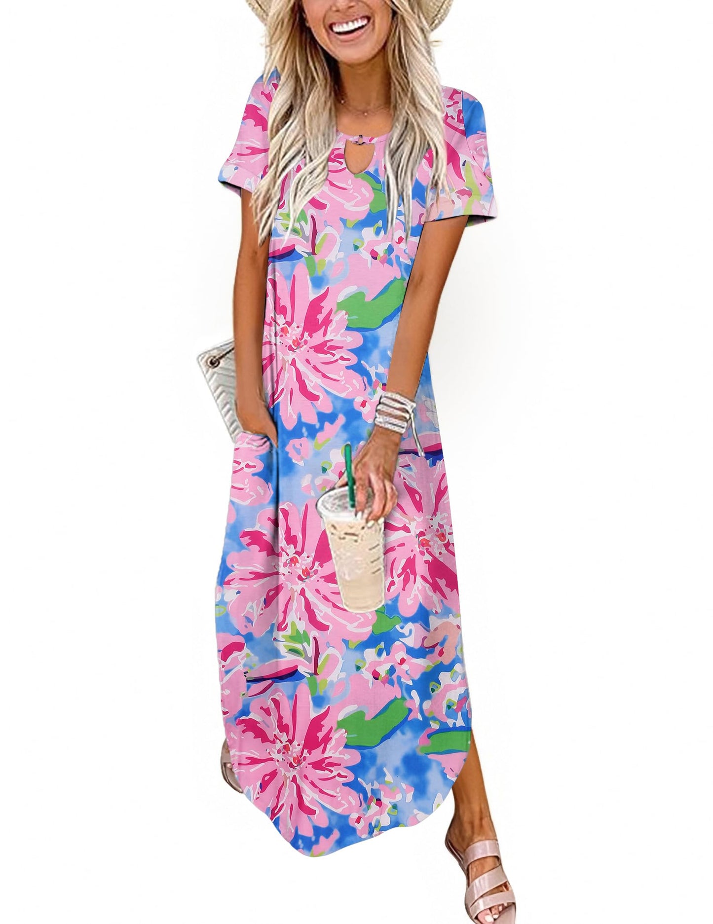 Zeagoo Womens Maxi Summer Dress with Pockets Casual Short Sleeve Sundress Trendy 2025 Curve Hem Long Dresss