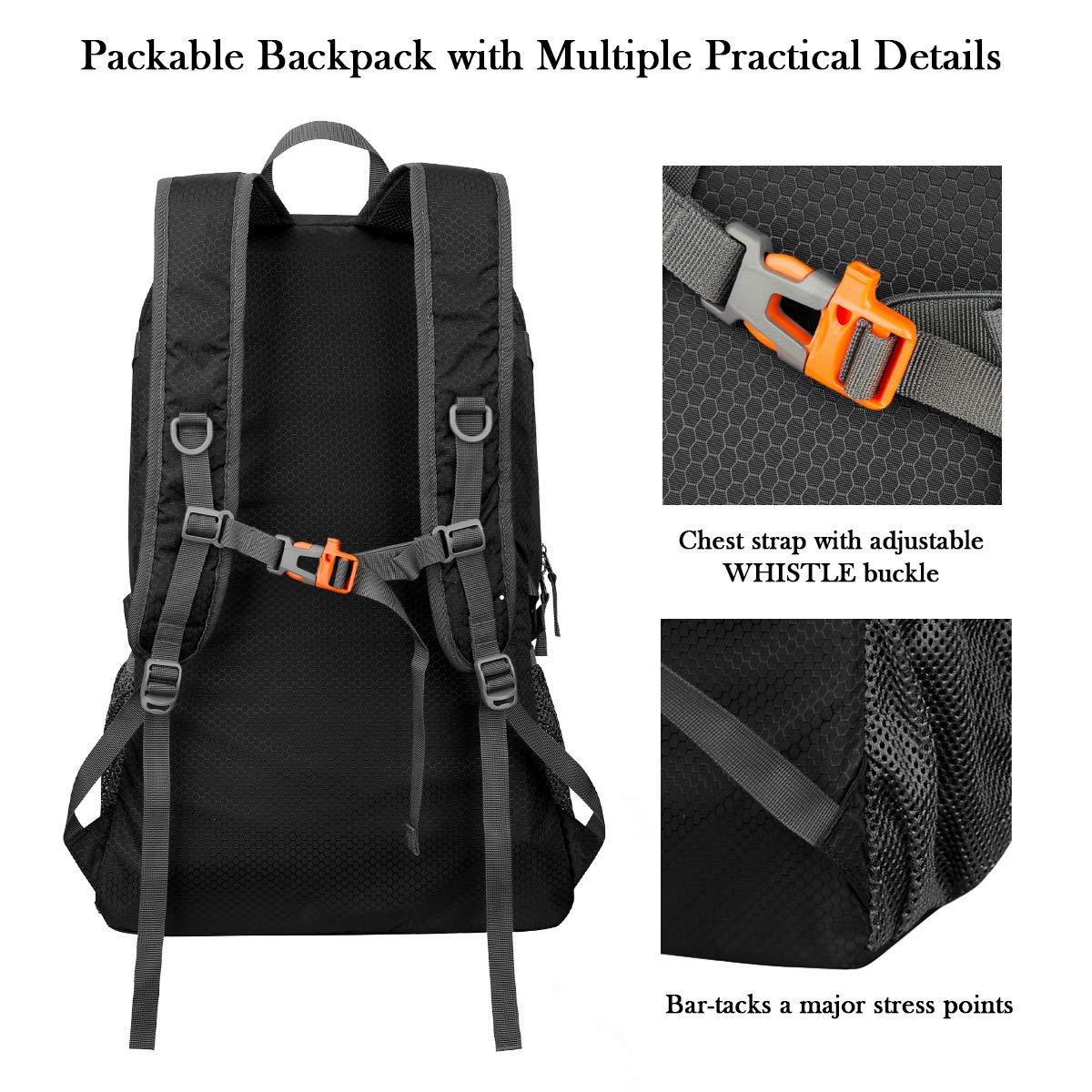 POKARLA 40L Foldable Rucksack Travel Hiking Daypack Durable Lightweight Walking Camping Folding Sports Outdoor Backpack Water Resistant Ultra Packable Carry On Bag Unisex Black