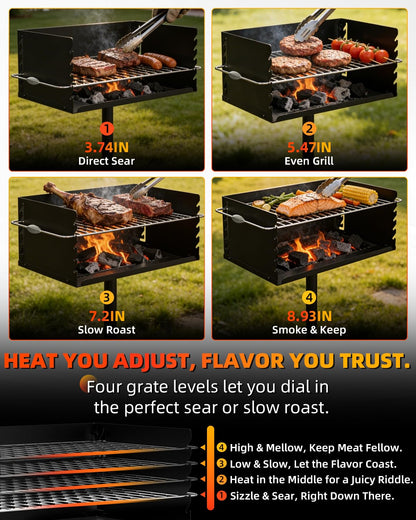 Charcoal Grill, Park Style Charcoal Grill, 30" x 17" Heavy Duty BBQ Grill Charcoal, Adjustable Single Post Barbeque Grill for Camping, Outdoor Cooking, Backyard, Patio, Camp Grilling Barbecues Cookout