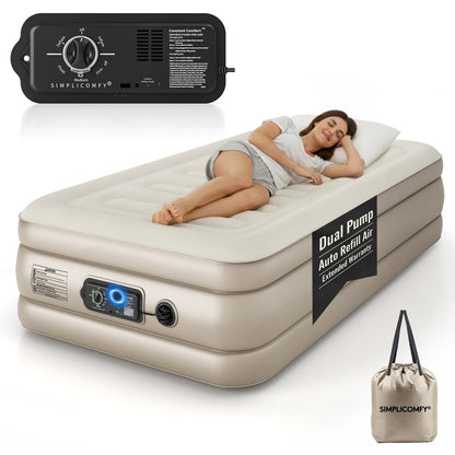 Simpli Comfy Twin Air Mattress with Built-in Patented Constant Comfort Dual Pump, 18" Raised Blow-up Colchon Inflable Mattress, Three Adjustable Firmness Settings, Self-monitoring Air Retention System