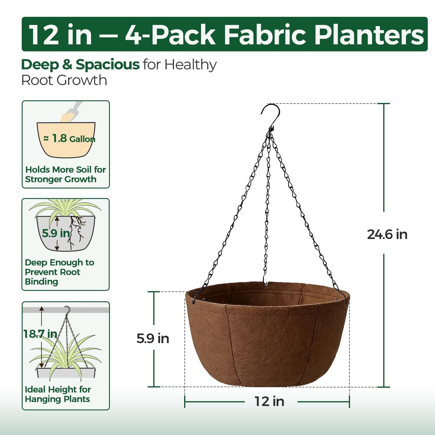 T4U Hanging Planters for Outdoor Plants, 12 Inch 4 Pack Fabric Hanging Baskets with Drainage Tray, Decorative Hanging Pots for Plants Outdoor Patio Porch Garden Use（Brown）