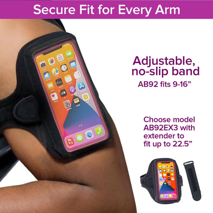 Tune Belt AB92 Cell Phone Armband for Running - Fits iPhone 17/16/15/14/13 Pro Max, Plus, Samsung Galaxy Ultra/Plus/Note and Large Phones with Protective Cases, Sweat-Resistant Exercise Holder (Black)