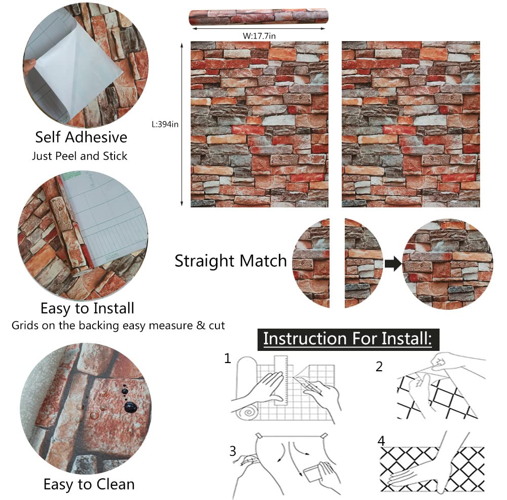 Faux Brick Textured Contact Paper, 17.7" x 394" Christmas Fireplace Stone Accent Wall Stick on Wallpaper Self Adhesive for Halloween Interior Walls Decor Bedroom Kitchen Cabinets Red Grey