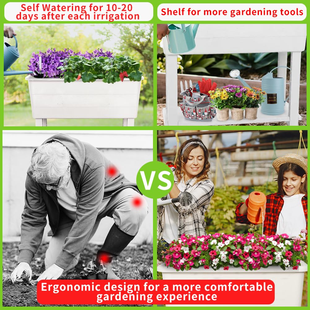 Megawodar 3 Pcs Self Watering Elevated Raised Garden Bed, Large Outdoor Plastic Planter Box Big Flower Plant Pot for Planting Flowers Vegetables and Herbs (3, White)