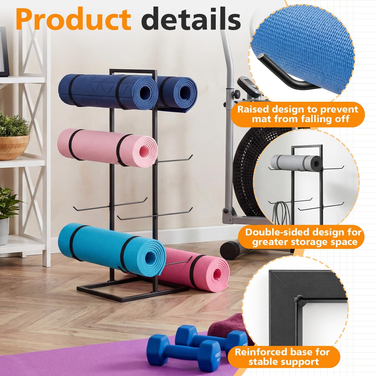 Cinnvoice 4-Tier Freestanding Yoga Mat Holder, Double-Sided Metal Storage Rack for Yoga Mats, Foam Rollers, Heavy Duty Home Gym Organizer Stand with Non-Slip Feet, Matte Black