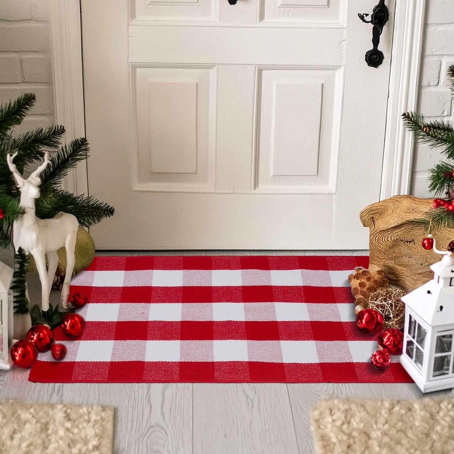 Christmas Red and White Plaid Rug 27.5 x 43 Inches, Hand-Woven Indoor/Outdoor Layered Cotton Blend Buffalo Plaid Rug, Washable Front Door Mat, Perfect for Porch, Living Room, Entryway