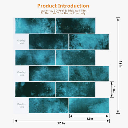 Wallercity Marble Blue Peel and Stick Backsplash Glossy Wall Tile Stickers Vinyl Self Adhesive Stick on Subway Tile Back Splash for Kitchen Bathroom 12''x12'' Waterproof 3D Art Wall Tiles Decor 10PCS