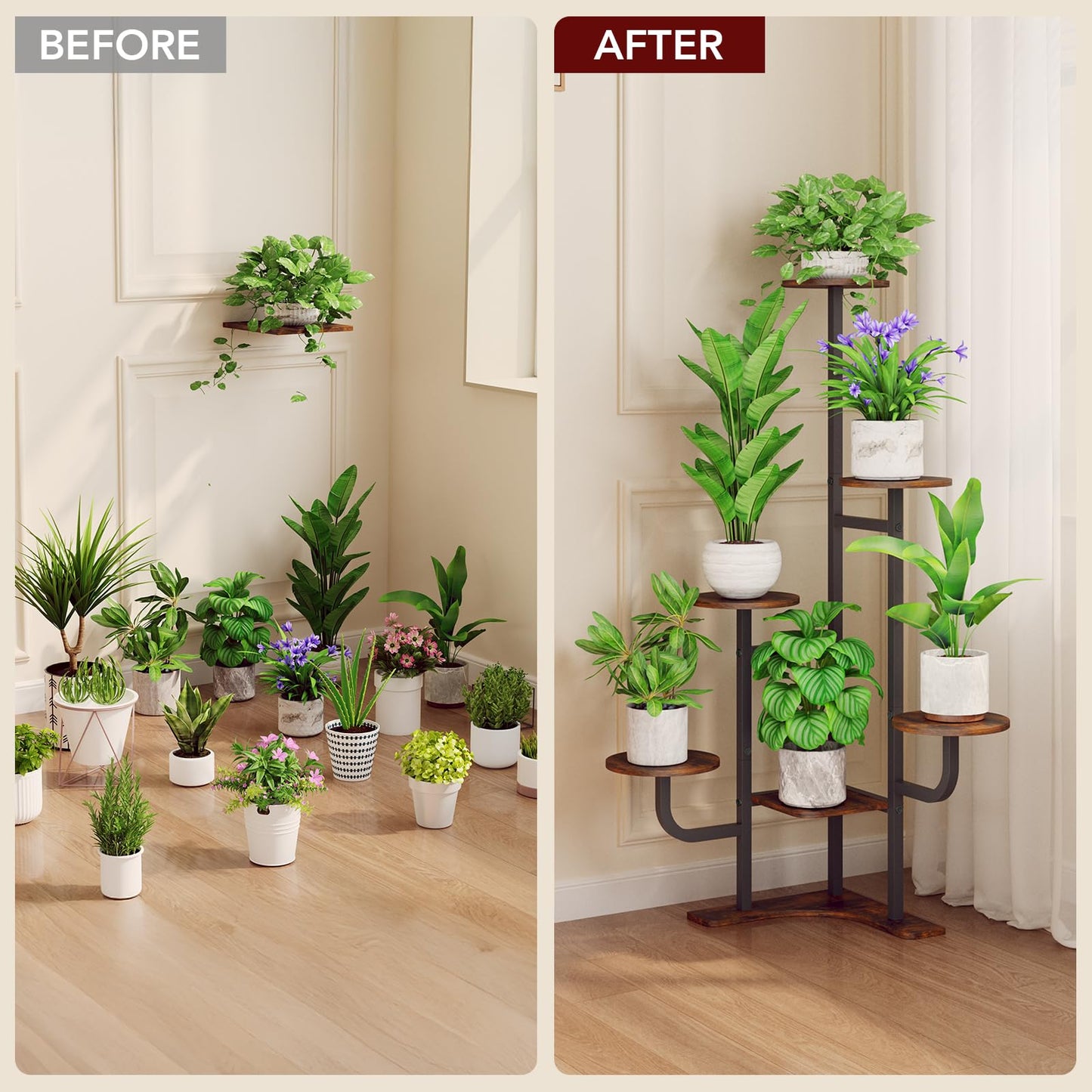 Homsorout Corner Plant Stand with Grow Light - 6 Tier Plant Stand Indoor Round Metal Plant Shelf with Adjustable Light, Plant Organizer for Living Room, Graden, Home Decor (Brown)
