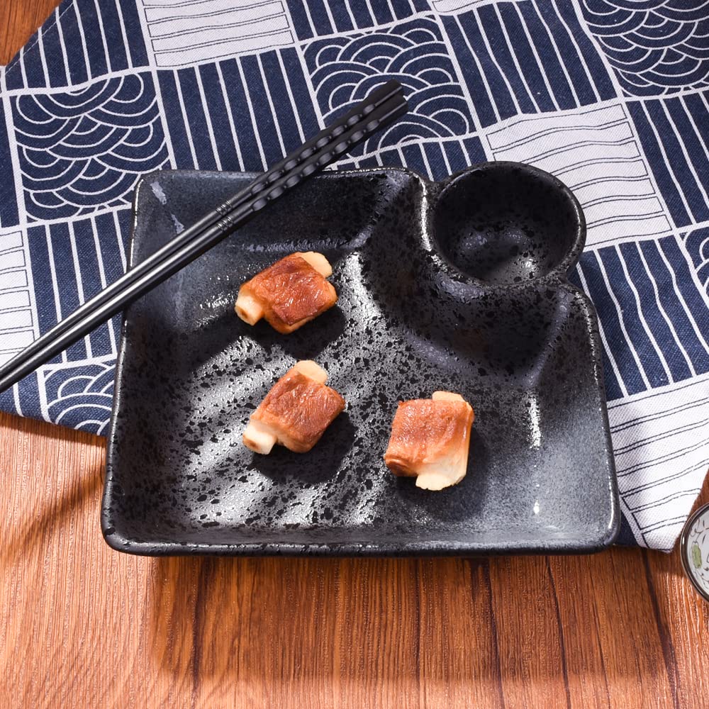 LMRLCS Ceramic Dumpling Plates Set of 2-7.4 Inch Divided Serving Trays with Sauce Compartment - Japanese Style Sushi Plates for Appetizers & Side Dishes, Microwave & Dishwasher Safe, Black & White