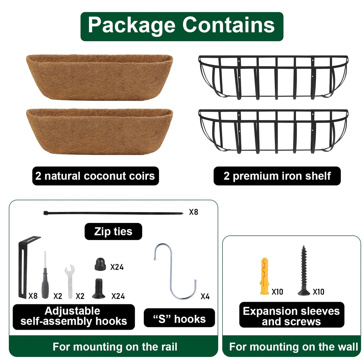 DUNCHATY 24 Inch Railing Planter 2 Pack - Adjustable Metal Window Box Planter with Coco Liner for Deck Balcony Porch Fence - Outdoor Hanging Flower Basket for Herbs & Flowers