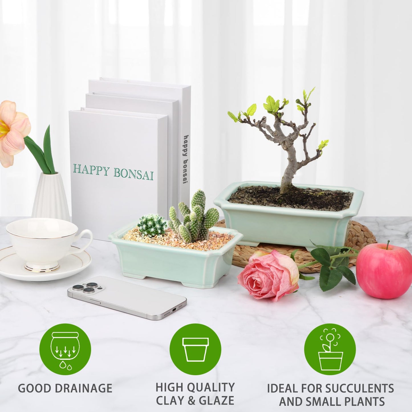 Set of 2 Zisha White Clay Bonsai Pot Glazed Shallow Succulent Planter Light Green