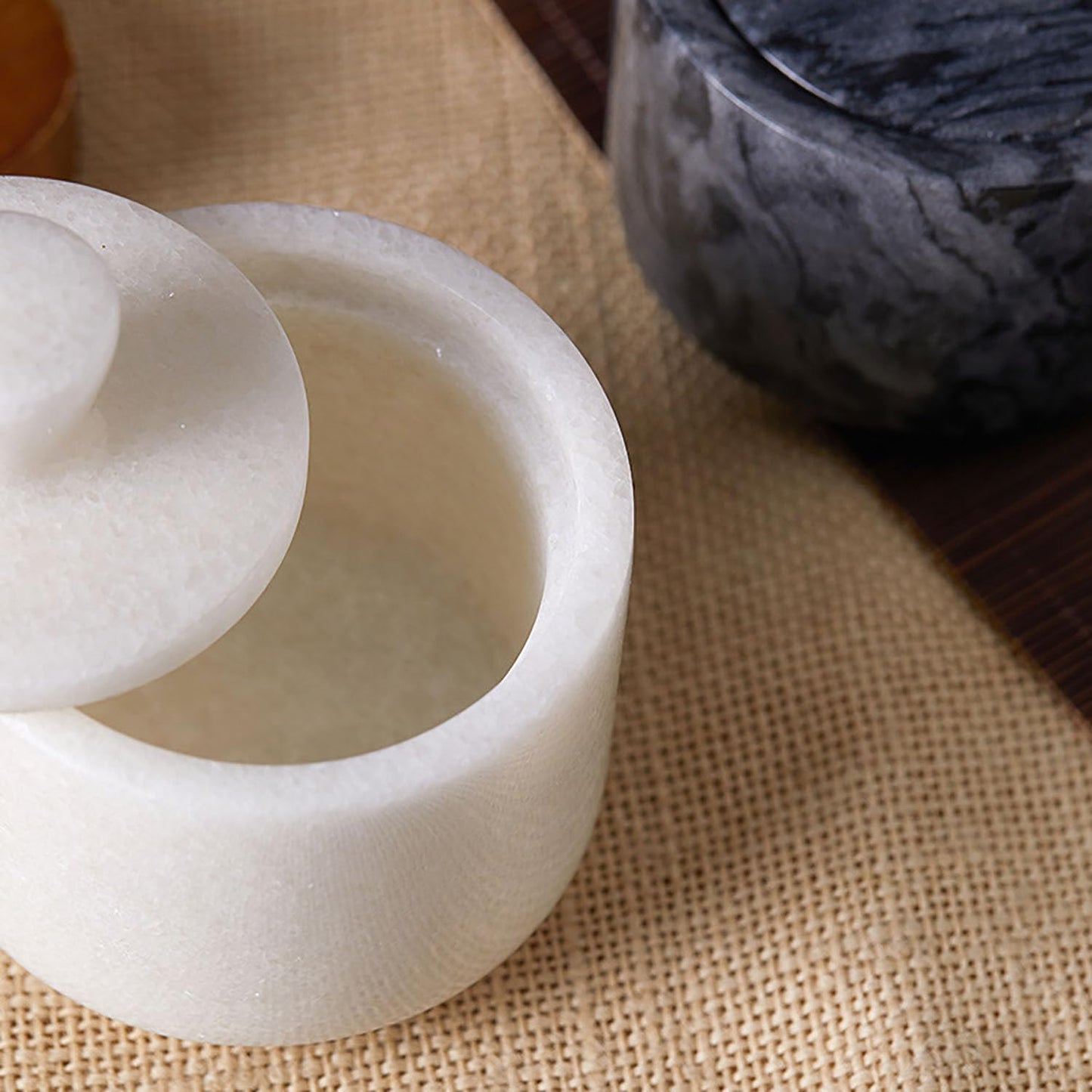 Aturalux Marble Salt Cellar with Lid & Spoon White, 3-Inch Salt Jar, Kitchen Container for Spice, Marble Storage Box, Spice Jar for Counter, Easy Refill Cleaning